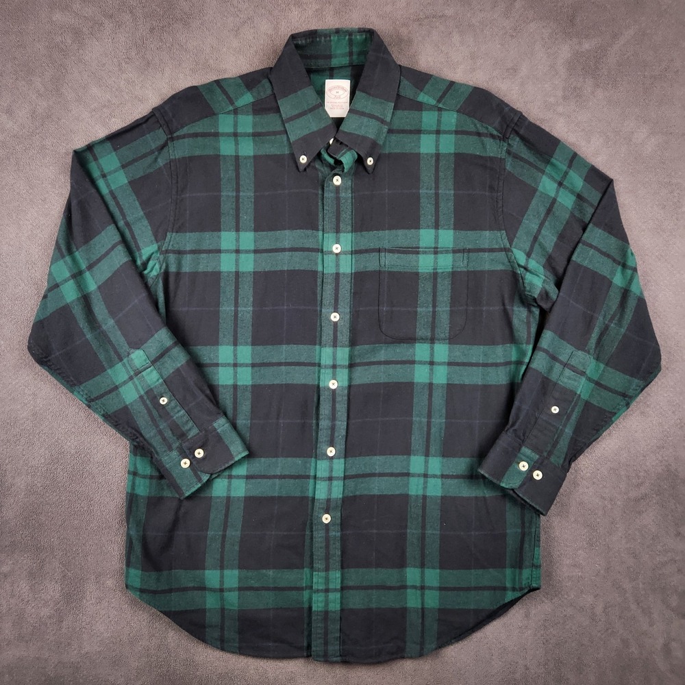 Brooks Brothers Shirt Mens Medium Regular Fit Green Black Plaid Flannel Button